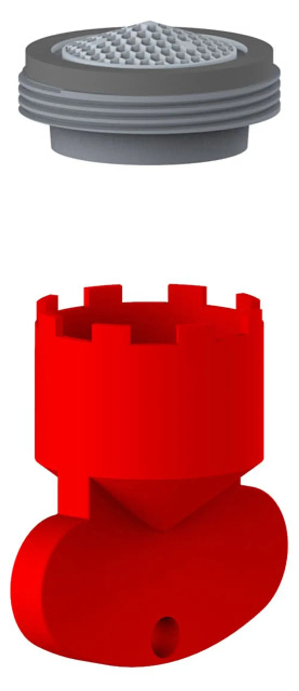 Keuco Strahlregler in grauer und roter Ausführung. Oben ein grauer Regler mit strukturiertem Kopf, darunter ein rotes Element mit zylindrischer Form und Öffnung.
